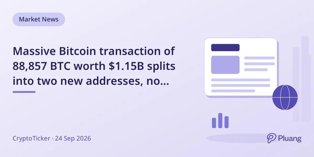 Massive Bitcoin transaction of 88,857 BTC worth $1.15B splits into two new addresses, no exchange link found.
