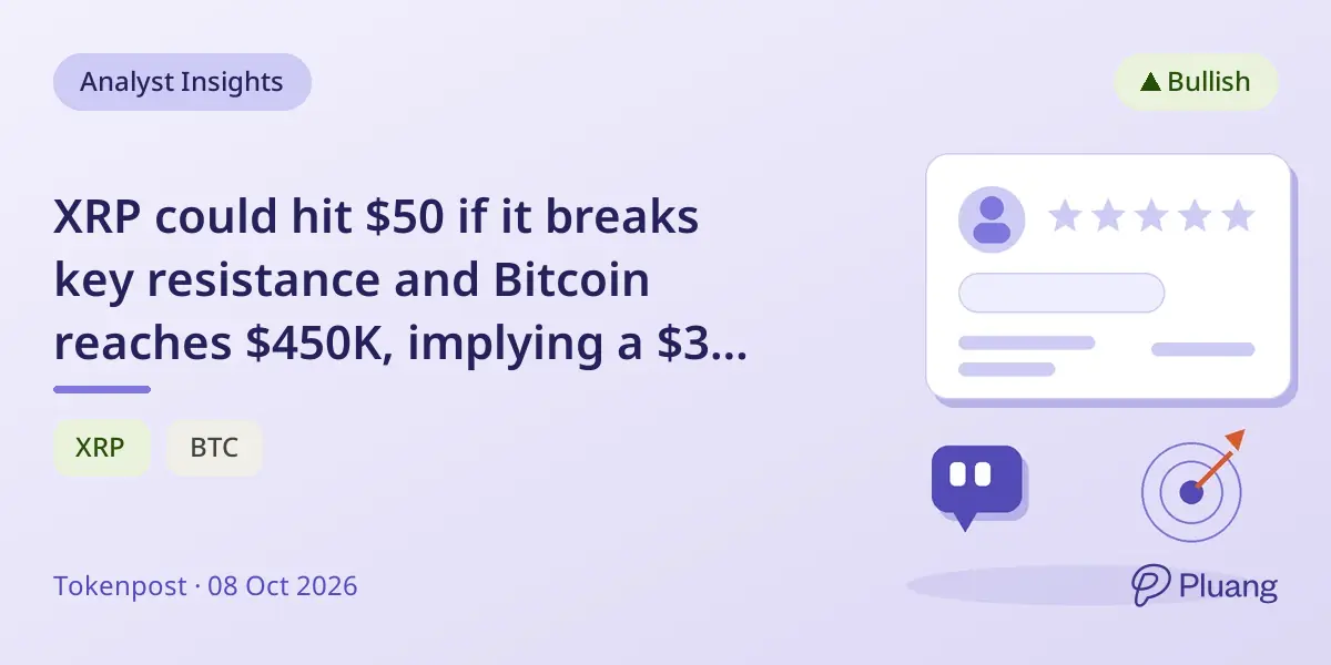 XRP could hit $50 if it breaks key resistance and Bitcoin reaches $450K, implying a $3 trillion market cap.