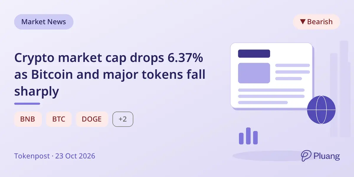 Crypto market cap drops 6.37% as Bitcoin and major tokens fall sharply