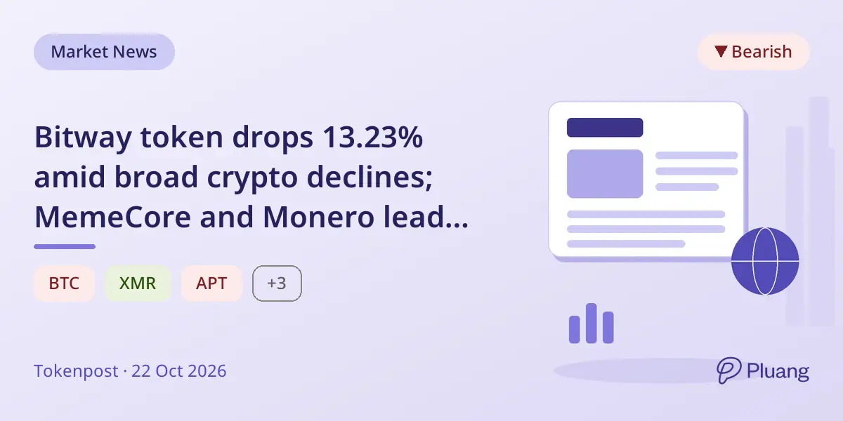 Bitway token drops 13.23% amid broad crypto declines; MemeCore and Monero lead gains