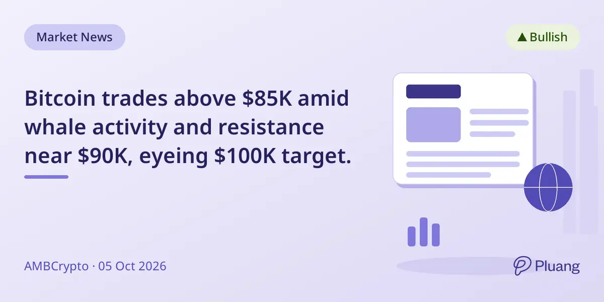 Bitcoin trades above $85K amid whale activity and resistance near $90K, eyeing $100K target.
