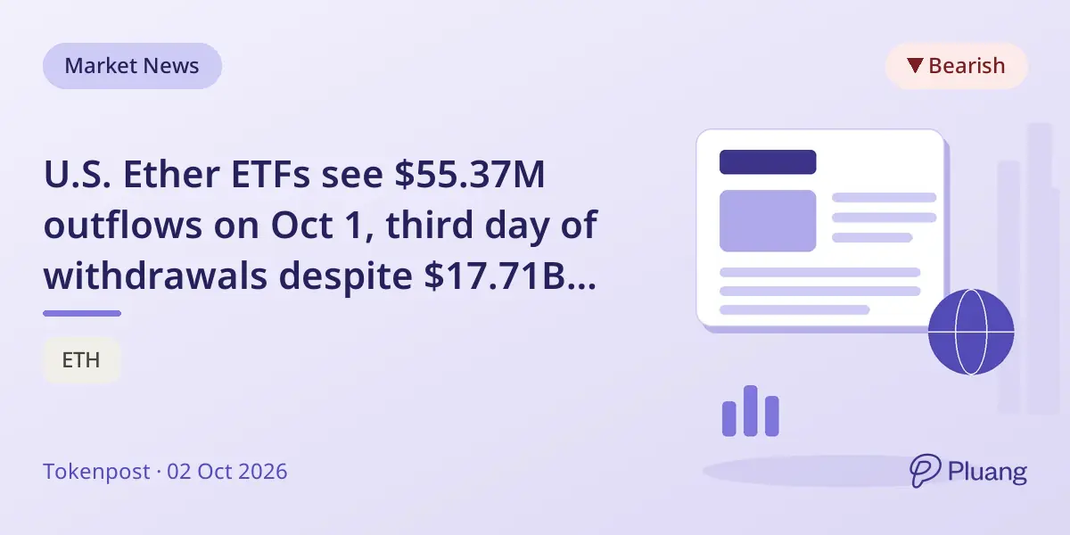 U.S. Ether ETFs see $55.37M outflows on Oct 1, third day of withdrawals despite $17.71B assets.