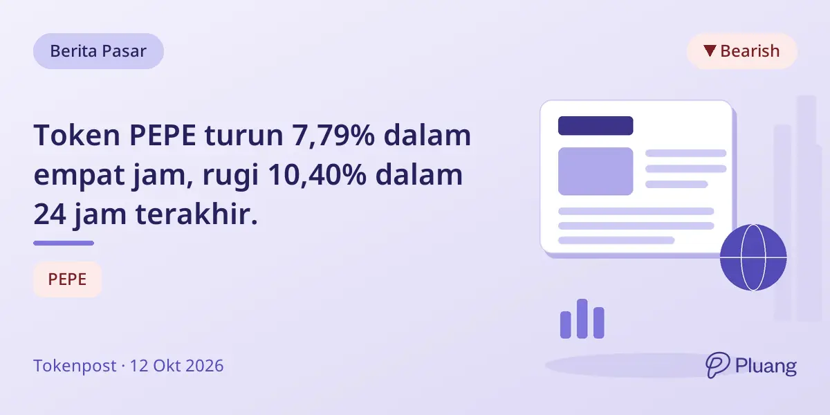 Token PEPE turun 7,79% dalam empat jam, rugi 10,40% dalam 24 jam terakhir.