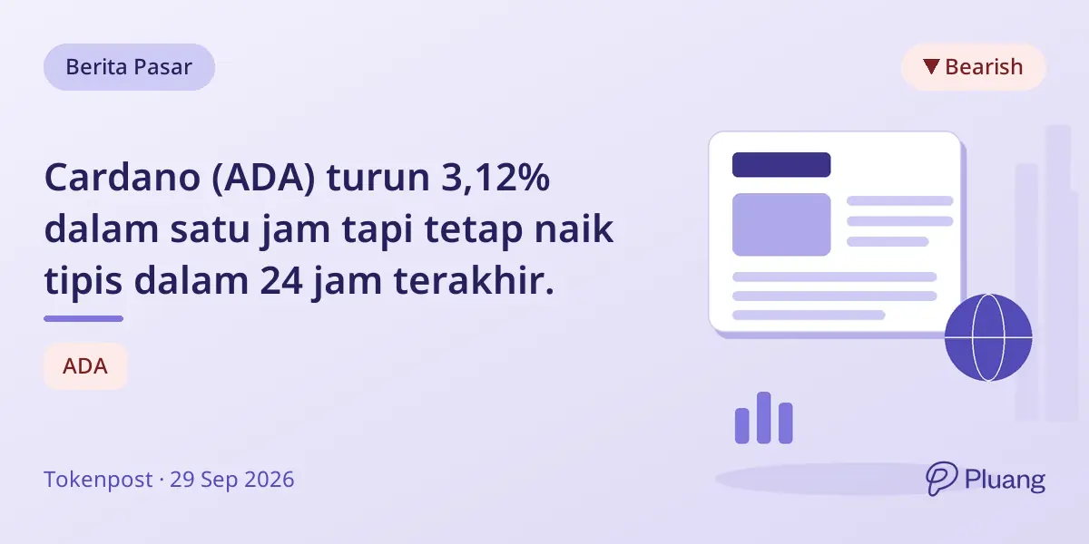 Cardano (ADA) turun 3,12% dalam satu jam tapi tetap naik tipis dalam 24 jam terakhir.