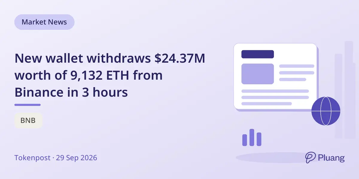 New wallet withdraws $24.37M worth of 9,132 ETH from Binance in 3 hours