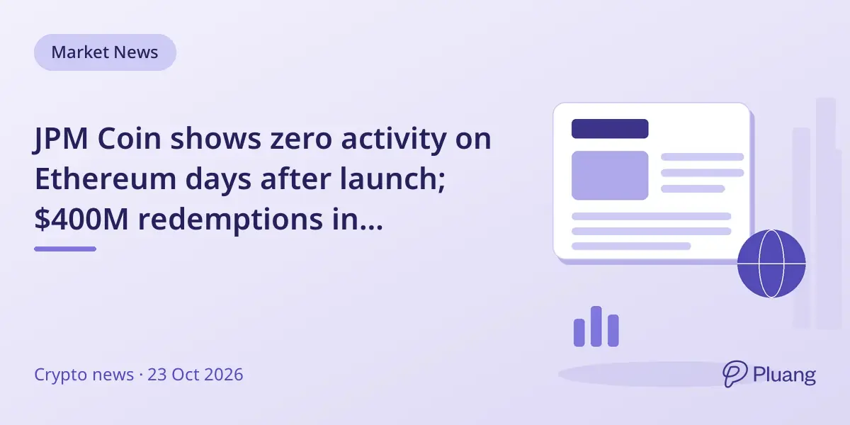 JPM Coin shows zero activity on Ethereum days after launch; $400M redemptions in JPMorgan's token fund on Ethereum noted.