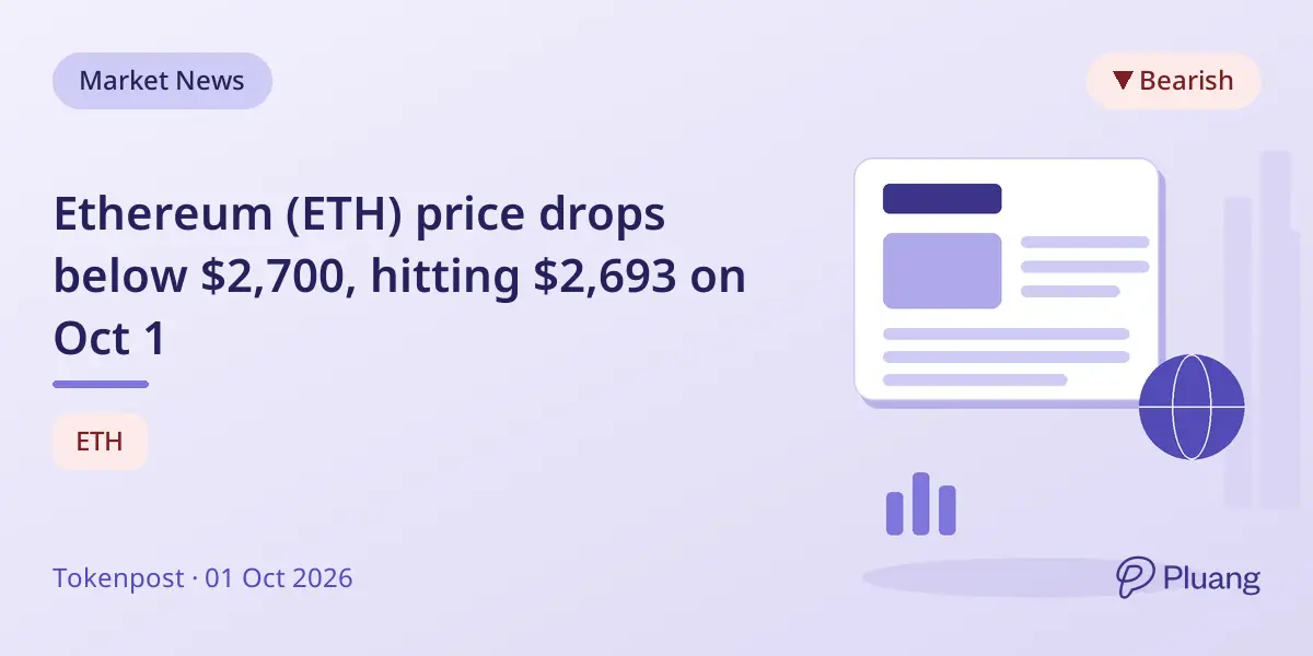 Ethereum (ETH) price drops below $2,700, hitting $2,693 on Oct 1