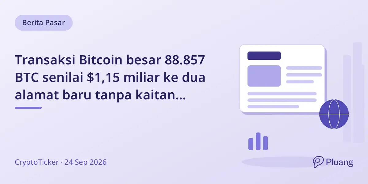 Transaksi Bitcoin besar 88.857 BTC senilai $1,15 miliar ke dua alamat baru tanpa kaitan bursa.