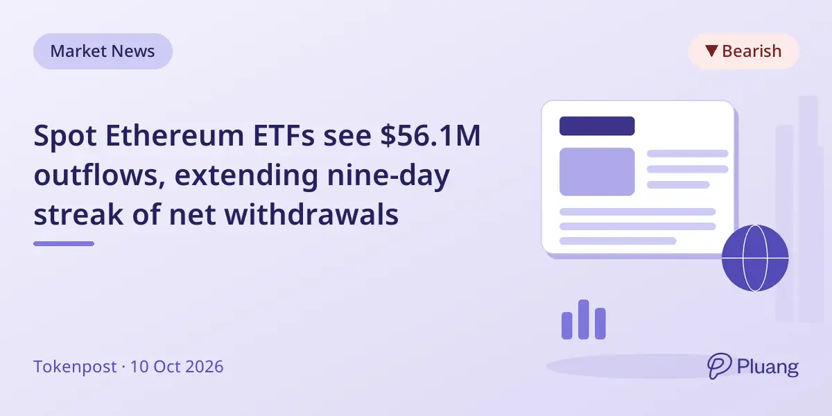 Spot Ethereum ETFs see $56.1M outflows, extending nine-day streak of net withdrawals