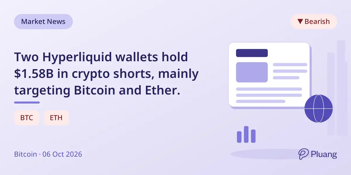 Two Hyperliquid wallets hold $1.58B in crypto shorts, mainly targeting Bitcoin and Ether.