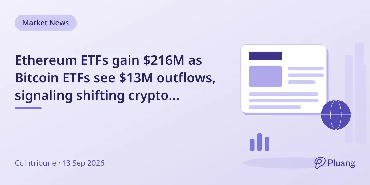 Ethereum ETFs gain $216M as Bitcoin ETFs see $13M outflows, signaling shifting crypto investor interest.