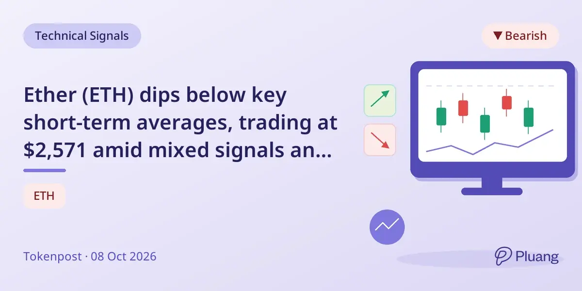 Ether (ETH) dips below key short-term averages, trading at $2,571 amid mixed signals and moderate volume.