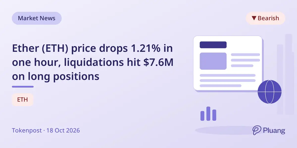 Ether (ETH) price drops 1.21% in one hour, liquidations hit $7.6M on long positions