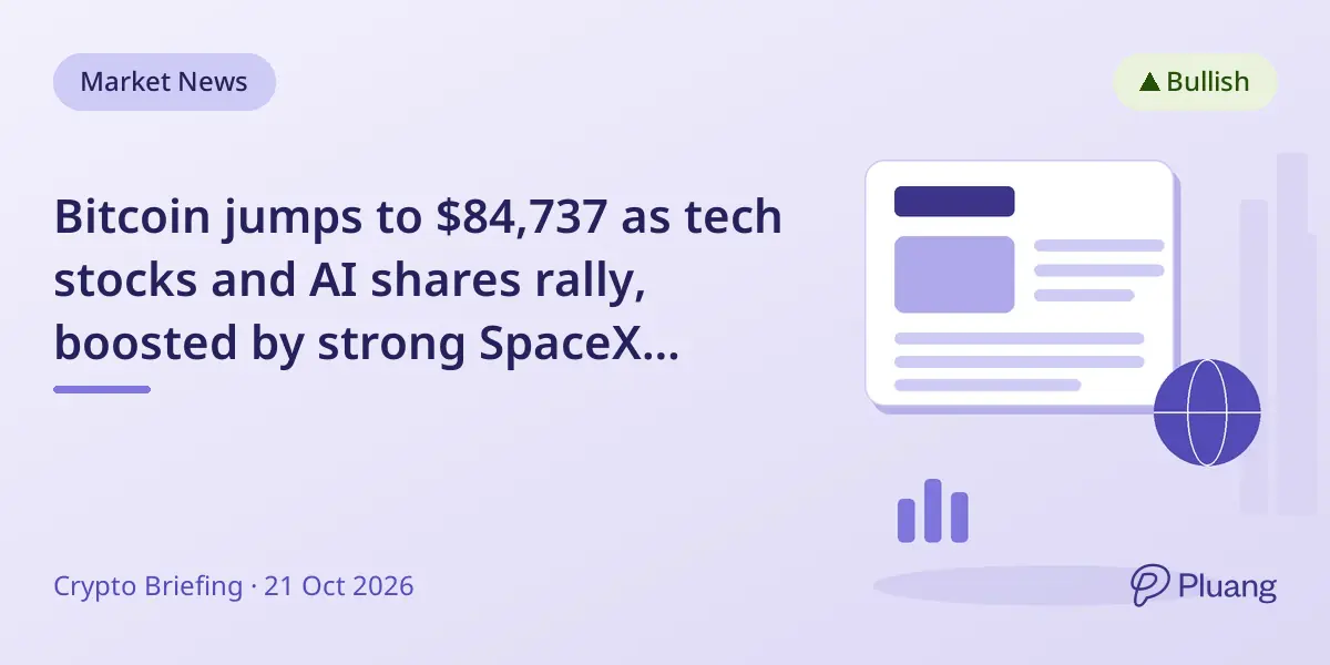 Bitcoin jumps to $84,737 as tech stocks and AI shares rally, boosted by strong SpaceX earnings.
