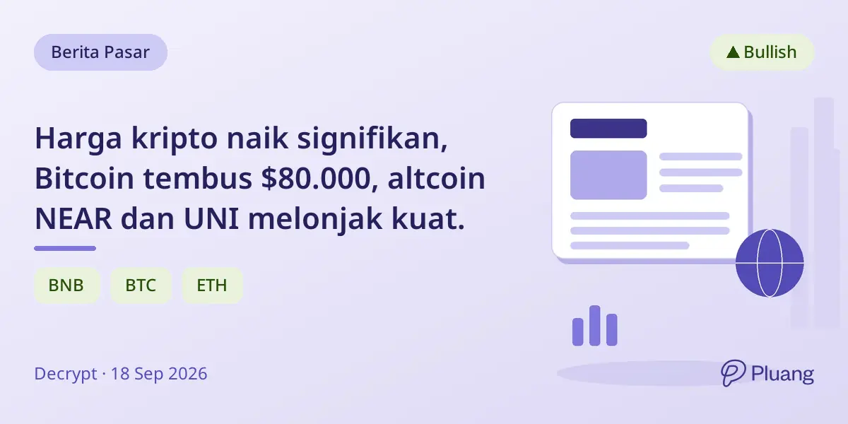 Harga kripto naik signifikan, Bitcoin tembus $80.000, altcoin NEAR dan UNI melonjak kuat.