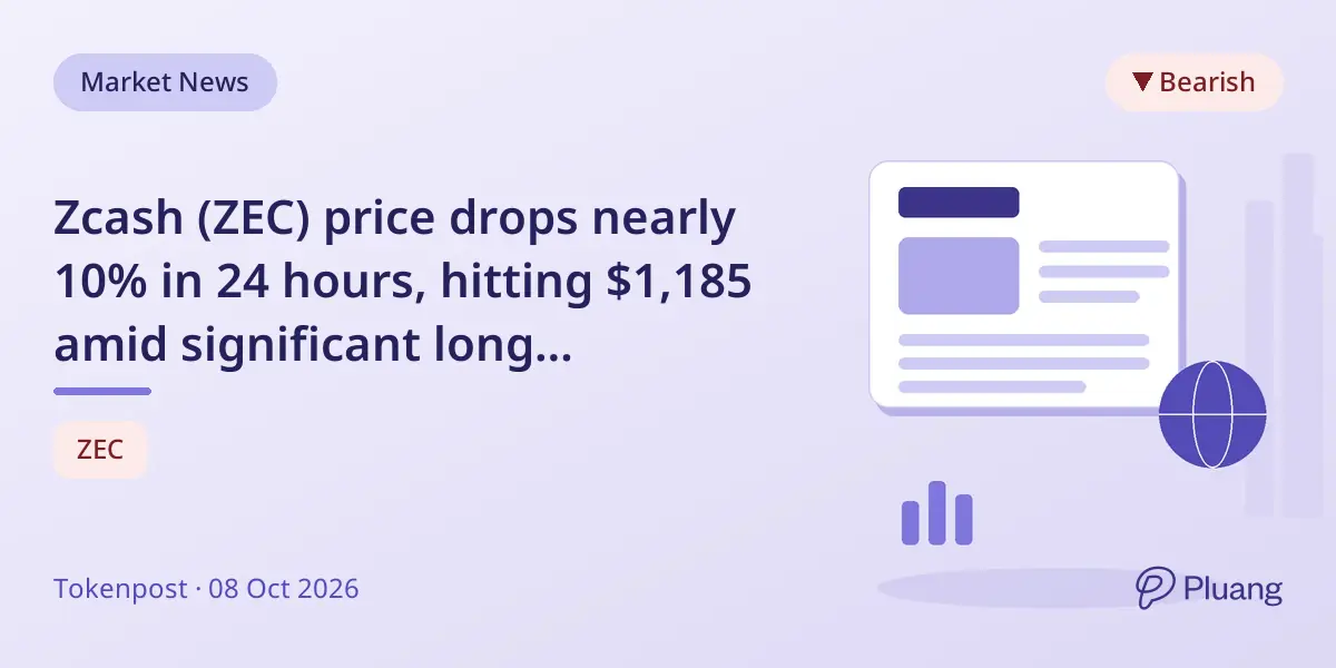 Zcash (ZEC) price drops nearly 10% in 24 hours, hitting $1,185 amid significant long liquidations.