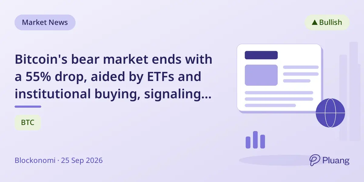 Bitcoin's bear market ends with a 55% drop, aided by ETFs and institutional buying, signaling a new bull phase.