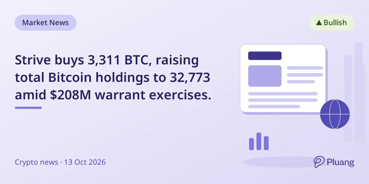 Strive buys 3,311 BTC, raising total Bitcoin holdings to 32,773 amid $208M warrant exercises.