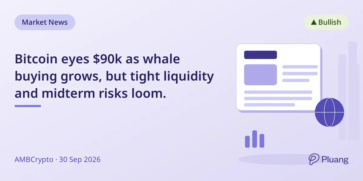 Bitcoin eyes $90k as whale buying grows, but tight liquidity and midterm risks loom.
