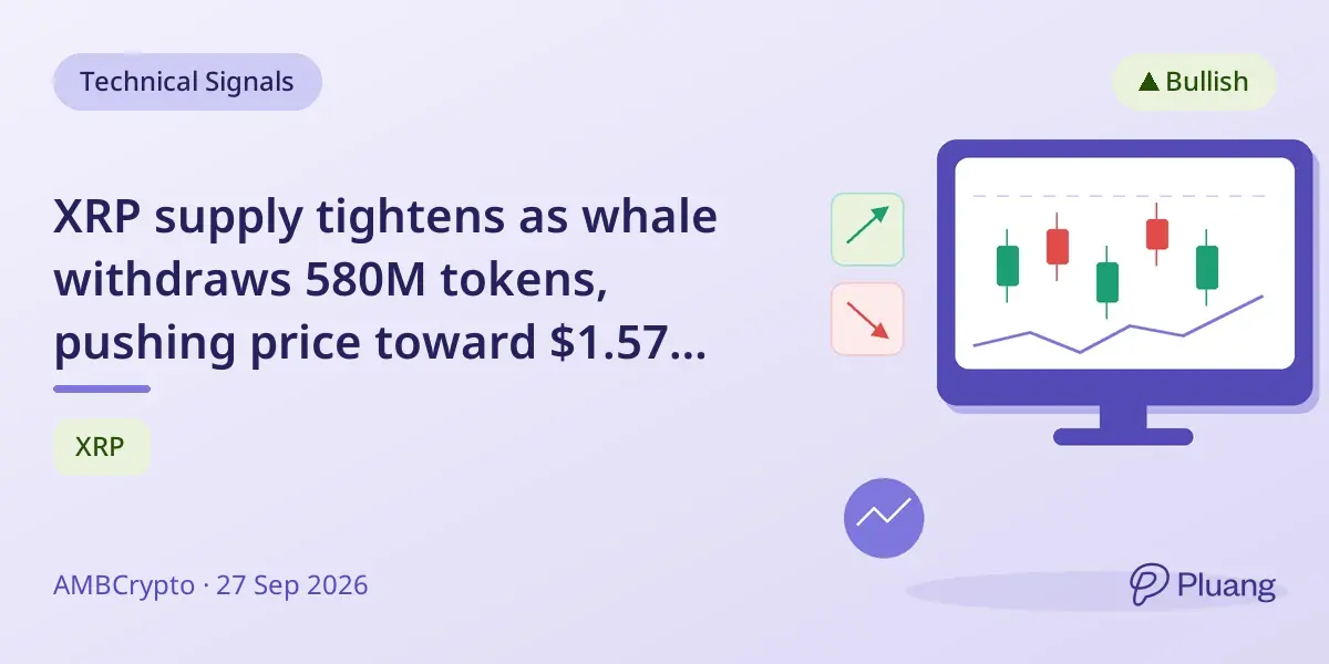 XRP supply tightens as whale withdraws 580M tokens, pushing price toward $1.57 resistance.