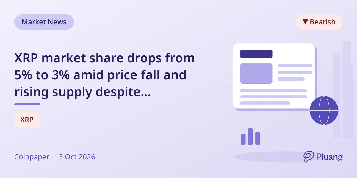 XRP market share drops from 5% to 3% amid price fall and rising supply despite institutional growth