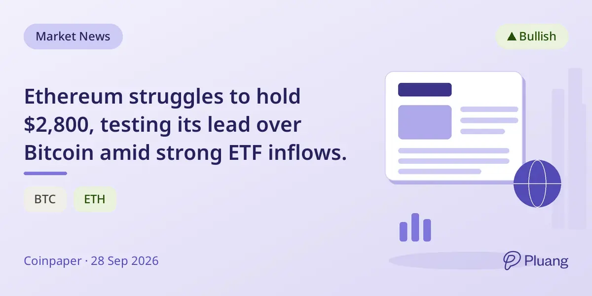 Ethereum struggles to hold $2,800, testing its lead over Bitcoin amid strong ETF inflows.