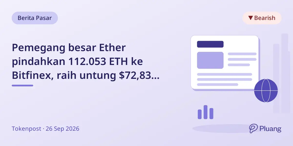 Pemegang besar Ether pindahkan 112.053 ETH ke Bitfinex, raih untung $72,83 juta, sinyal tekanan jual pasar.