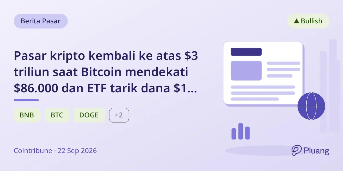 Pasar kripto kembali ke atas $3 triliun saat Bitcoin mendekati $86.000 dan ETF tarik dana $1 miliar.