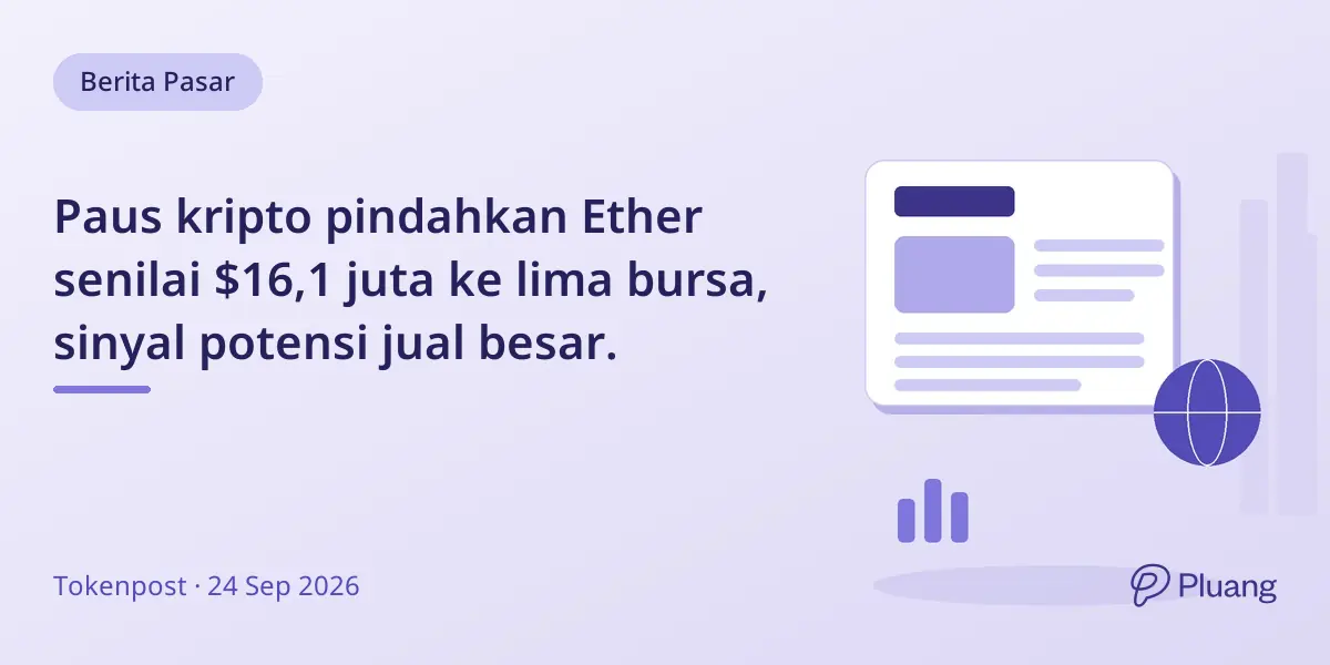 Paus kripto pindahkan Ether senilai $16,1 juta ke lima bursa, sinyal potensi jual besar.