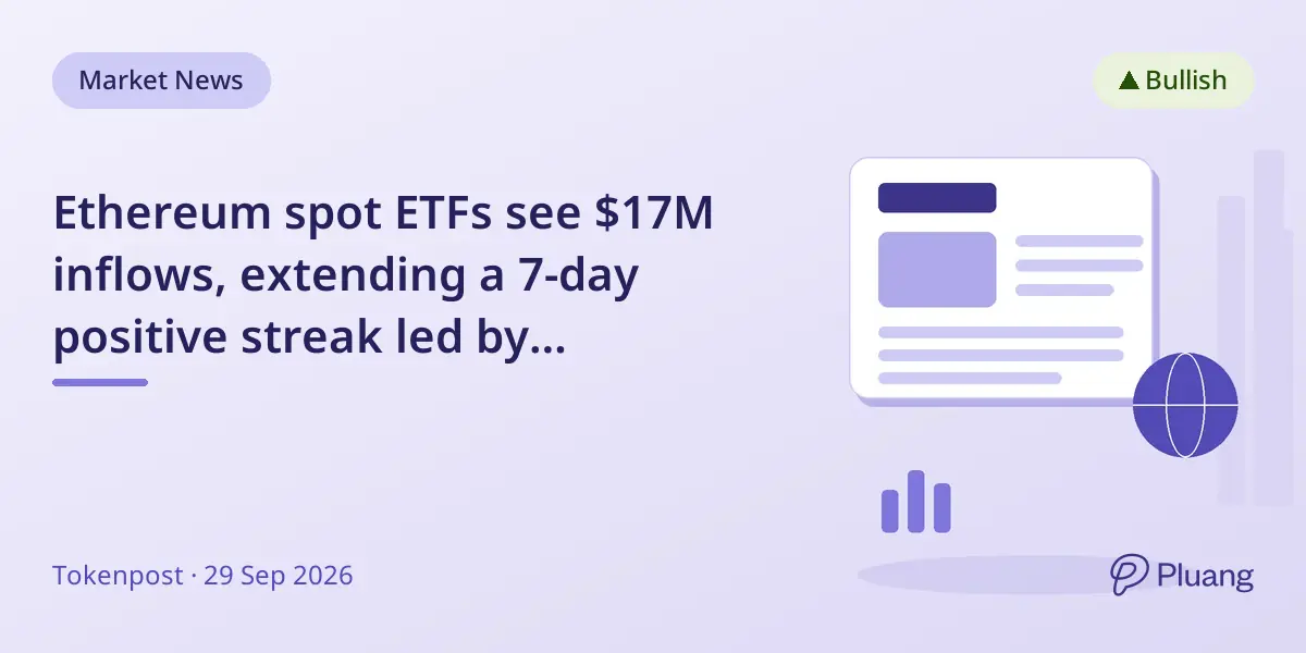 Ethereum spot ETFs see $17M inflows, extending a 7-day positive streak led by Blackrock's ETHA.