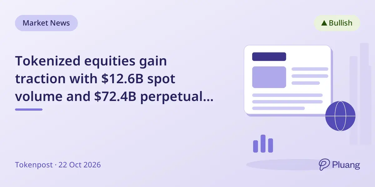 Tokenized equities gain traction with $12.6B spot volume and $72.4B perpetual volume in August 2026 market data.