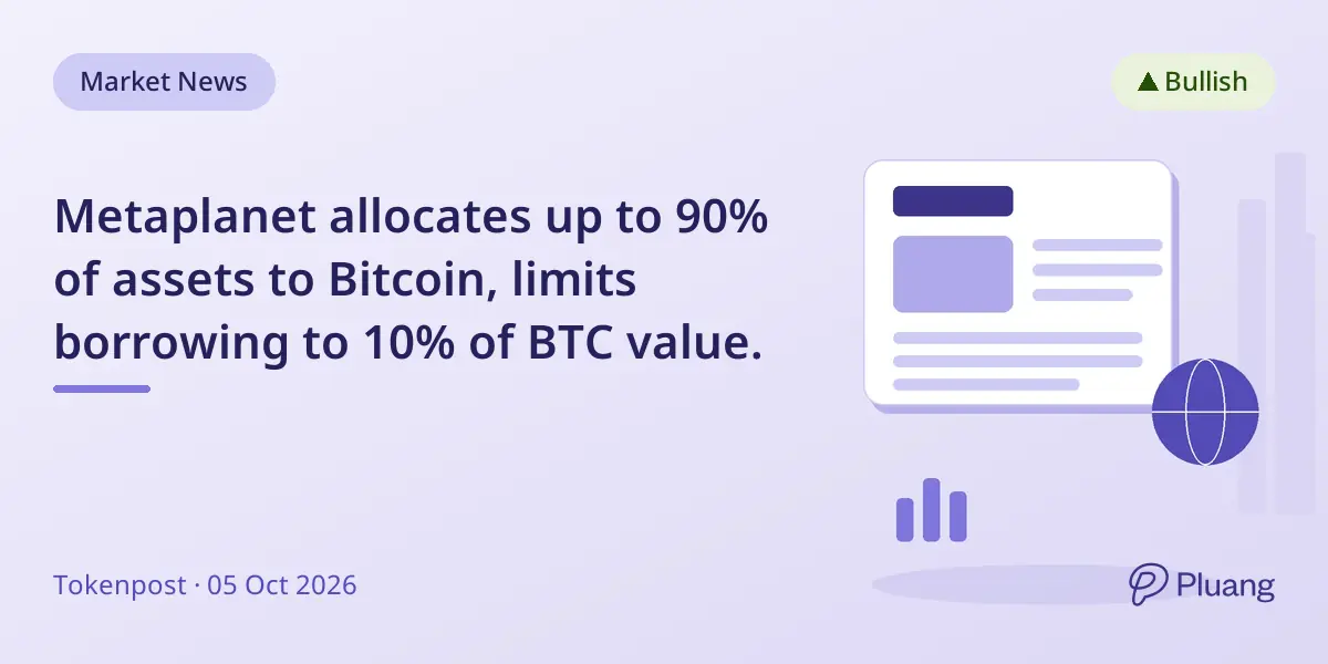 Metaplanet allocates up to 90% of assets to Bitcoin, limits borrowing to 10% of BTC value.