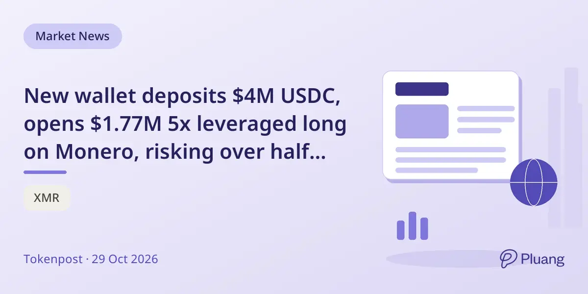 New wallet deposits $4M USDC, opens $1.77M 5x leveraged long on Monero, risking over half the deposit.