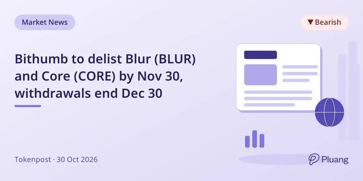 Bithumb to delist Blur (BLUR) and Core (CORE) by Nov 30, withdrawals end Dec 30