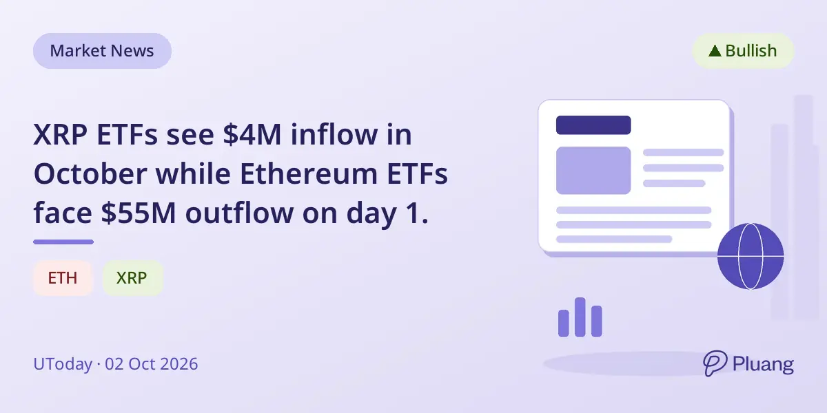XRP ETFs see $4M inflow in October while Ethereum ETFs face $55M outflow on day 1.