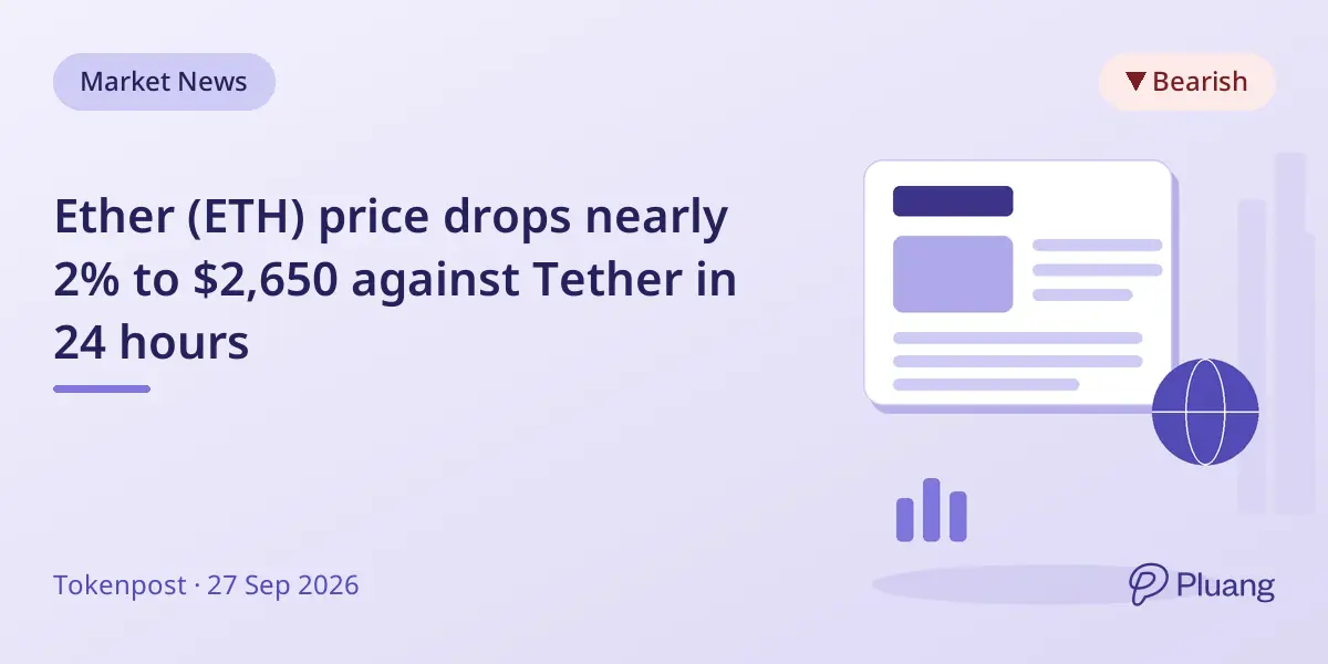 Ether (ETH) price drops nearly 2% to $2,650 against Tether in 24 hours