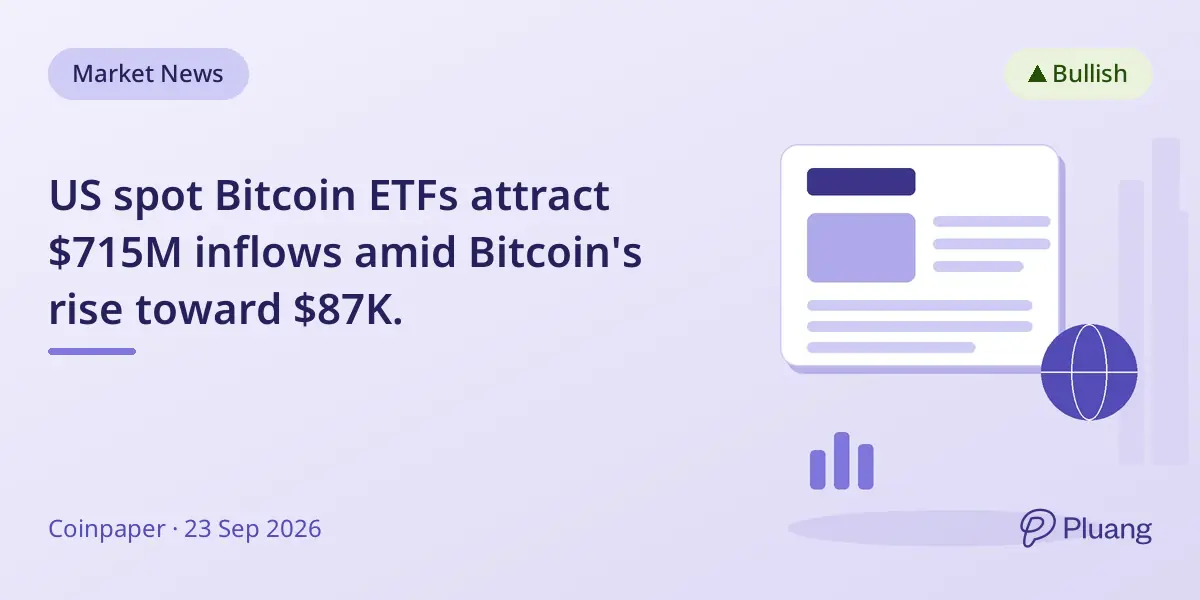 US spot Bitcoin ETFs attract $715M inflows amid Bitcoin's rise toward $87K.