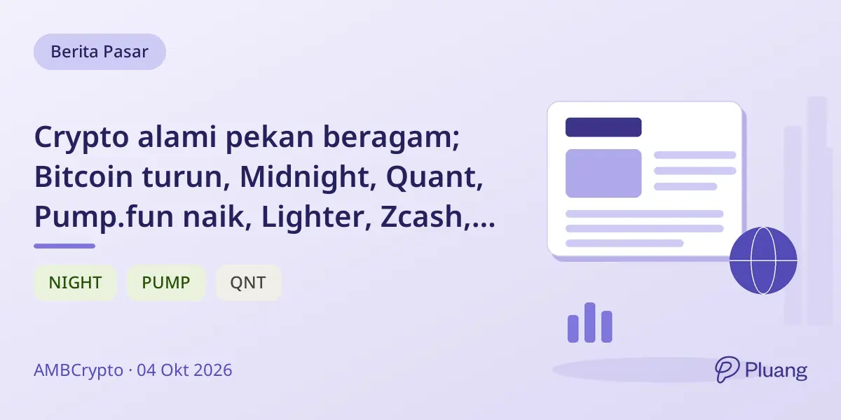 Crypto alami pekan beragam; Bitcoin turun, Midnight, Quant, Pump.fun naik, Lighter, Zcash, Dash turun.