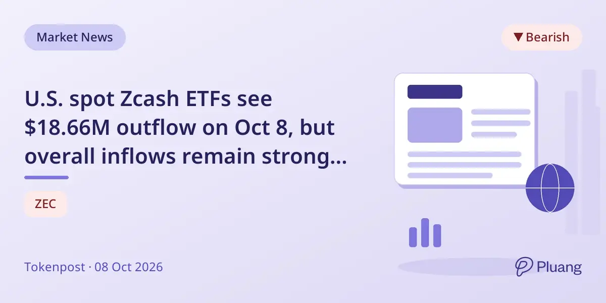 U.S. spot Zcash ETFs see $18.66M outflow on Oct 8, but overall inflows remain strong at $182M.