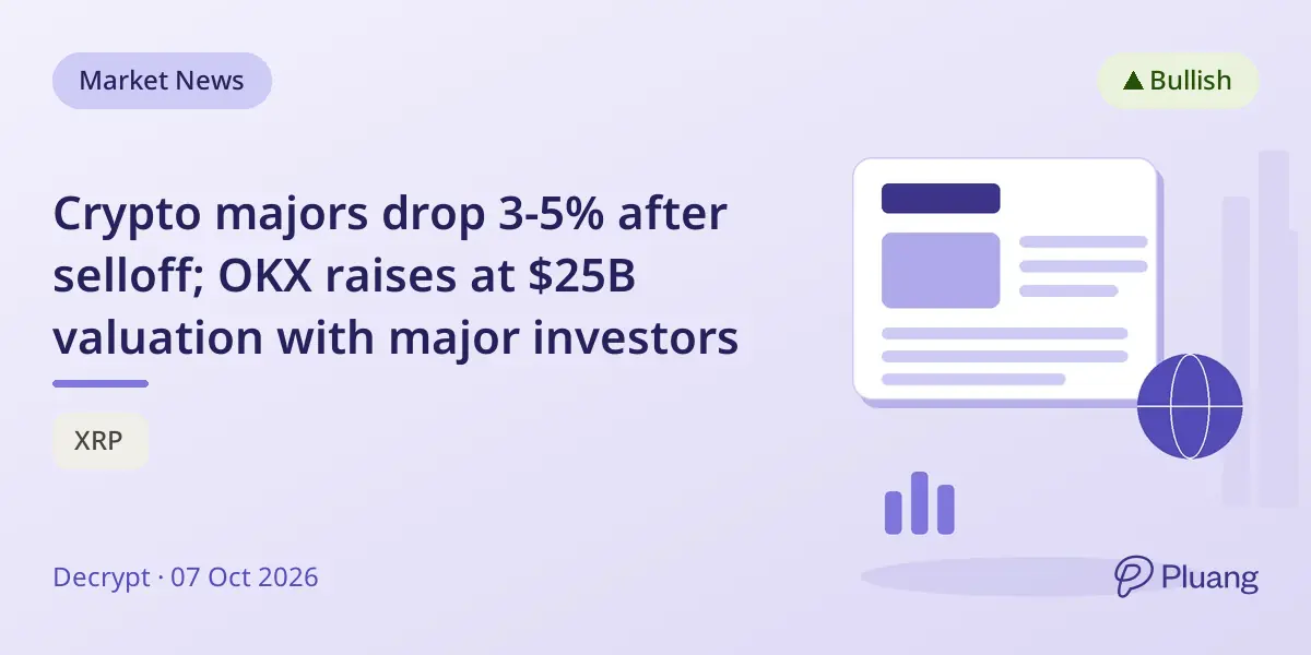 Crypto majors drop 3-5% after selloff; OKX raises at $25B valuation with major investors