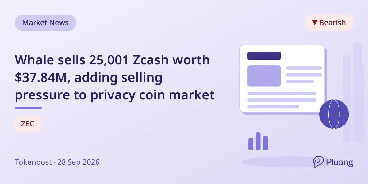 Whale sells 25,001 Zcash worth $37.84M, adding selling pressure to privacy coin market