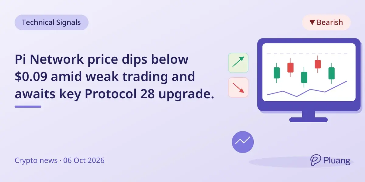 Pi Network price dips below $0.09 amid weak trading and awaits key Protocol 28 upgrade.
