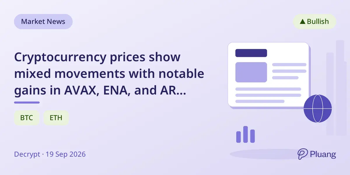 Cryptocurrency prices show mixed movements with notable gains in AVAX, ENA, and AR tokens.