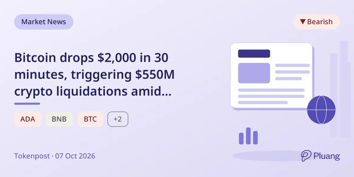 Bitcoin drops $2,000 in 30 minutes, triggering $550M crypto liquidations amid leveraged long sell-off.