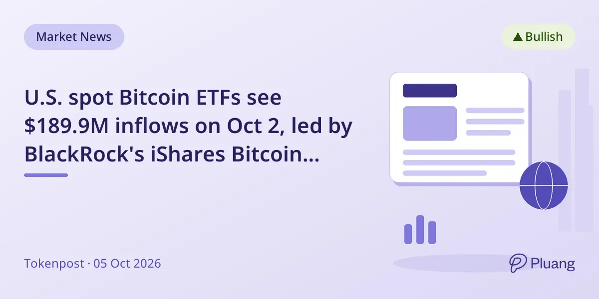U.S. spot Bitcoin ETFs see $189.9M inflows on Oct 2, led by BlackRock's iShares Bitcoin Trust.