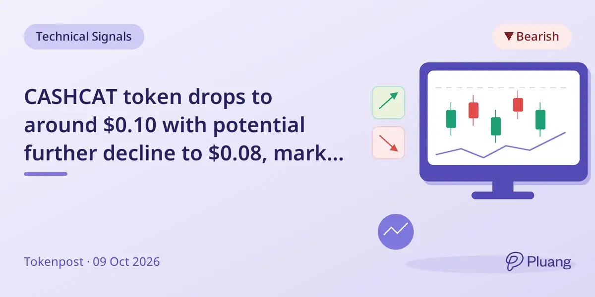 CASHCAT token drops to around $0.10 with potential further decline to $0.08, market cap falls 12%.