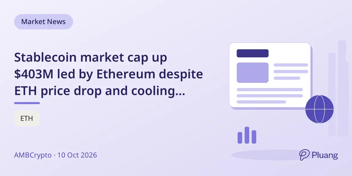 Stablecoin market cap up $403M led by Ethereum despite ETH price drop and cooling derivatives market.
