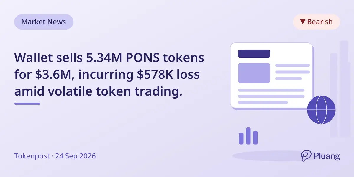 Wallet sells 5.34M PONS tokens for $3.6M, incurring $578K loss amid volatile token trading.