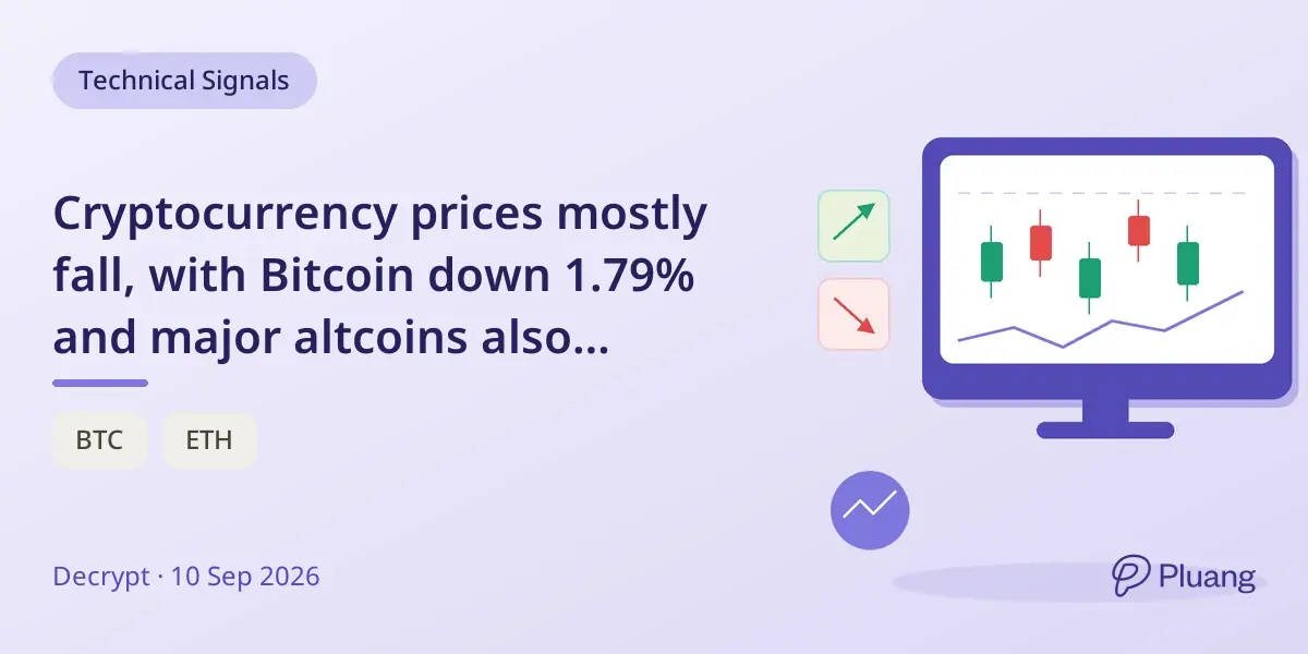 Cryptocurrency prices mostly fall, with Bitcoin down 1.79% and major altcoins also declining.