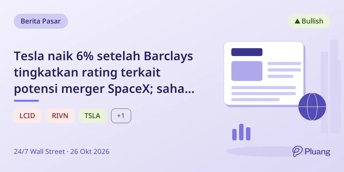 Tesla naik 6% setelah Barclays tingkatkan rating terkait potensi merger SpaceX; saham Lucid dan Rivian turun.